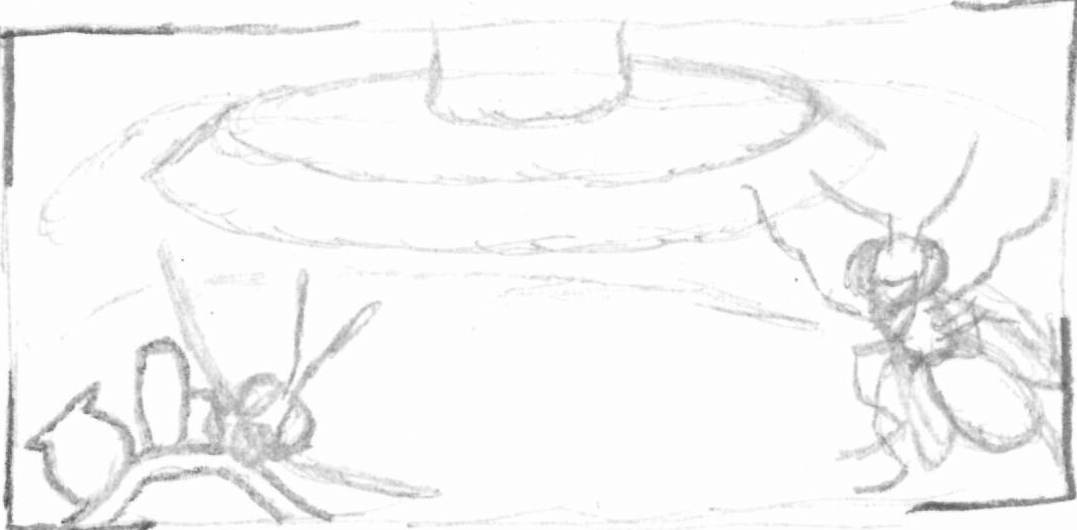 An unfinished banner sketch of wasps doing various friendly or artistic 
                        things.