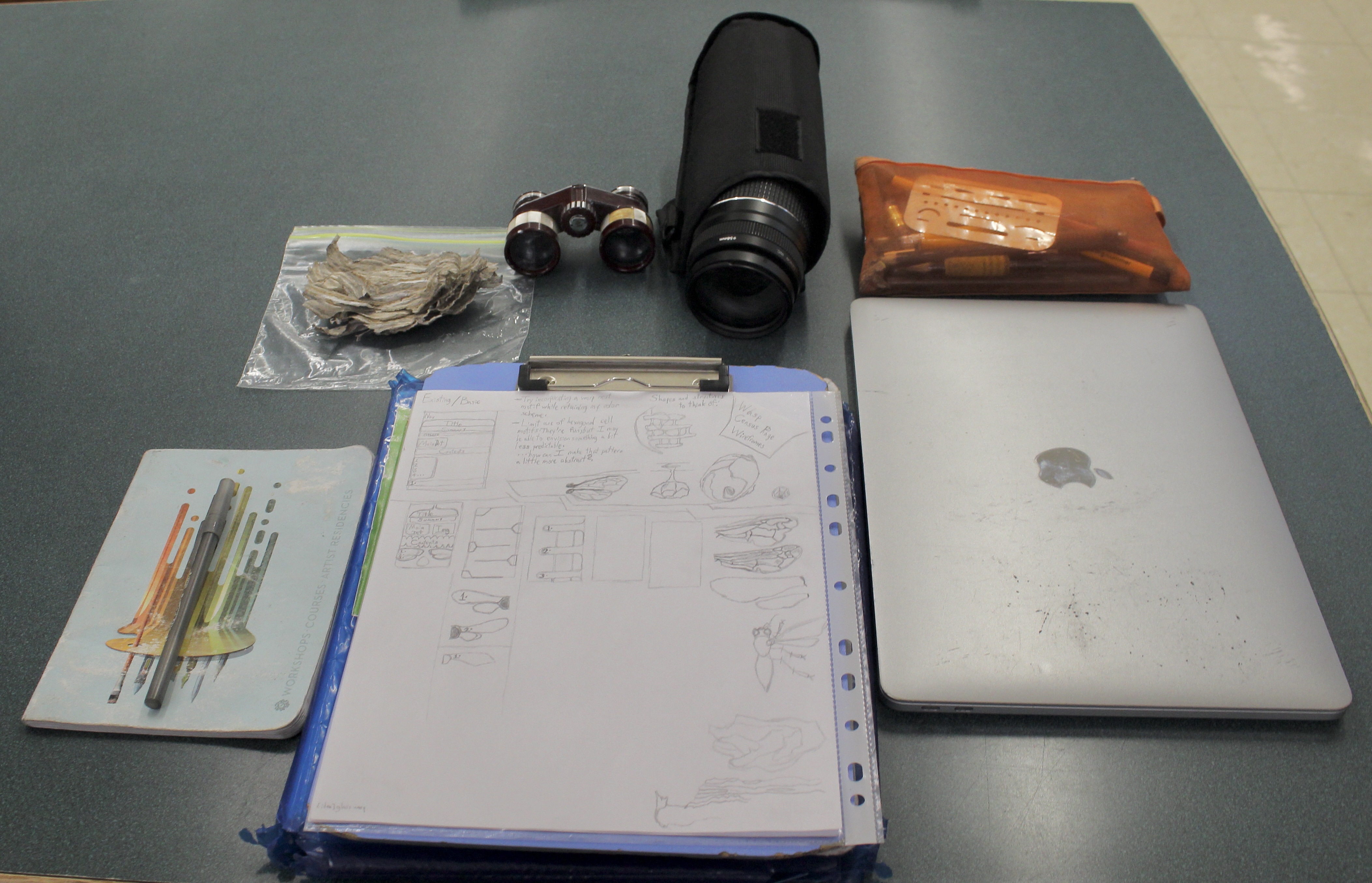 Some of the items used in this project--my sketchpad, binoculars, class laptop, camera zoom lens